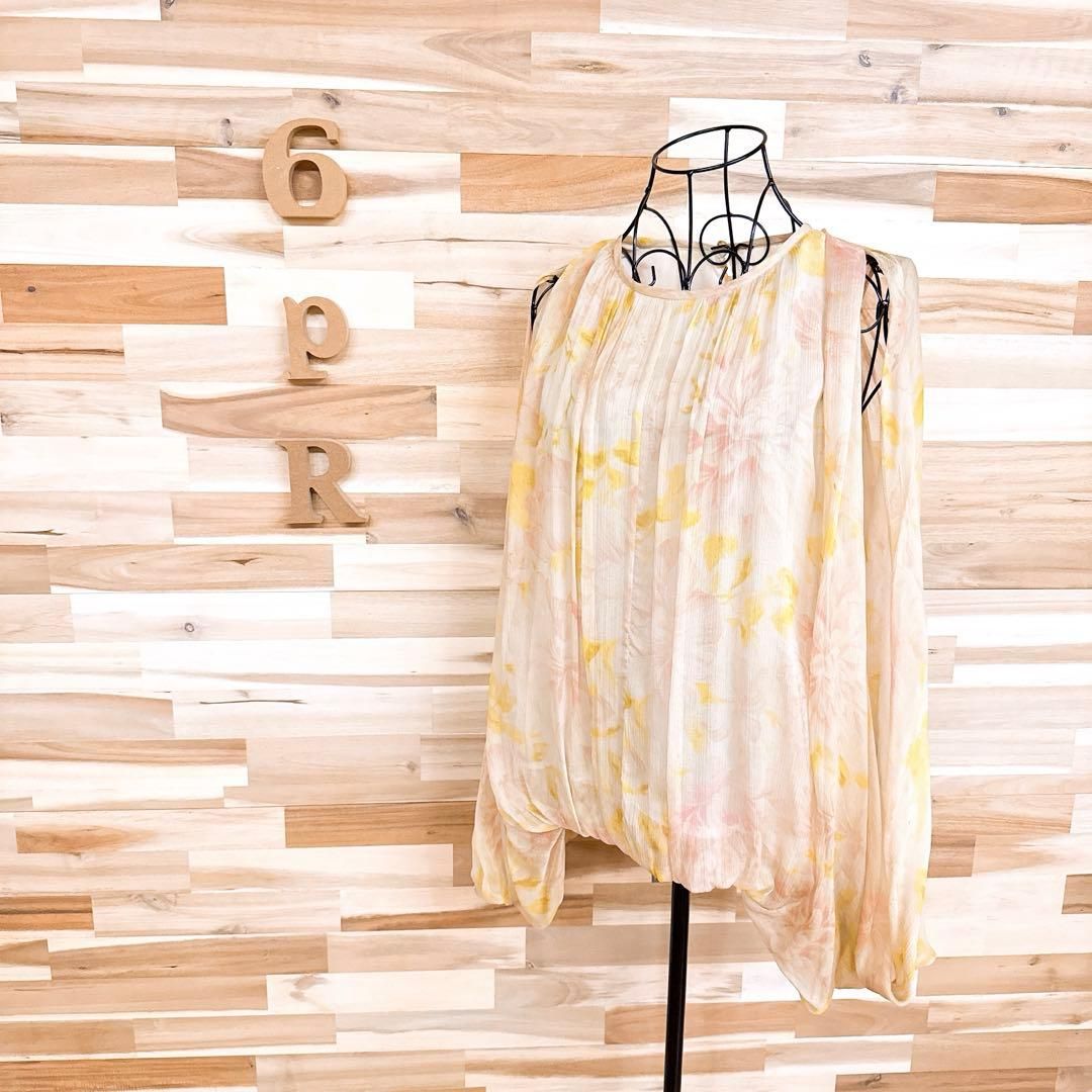 ザラ シアー パフスリーブ バルーン フラワー ブラウス M 黄×ピンク