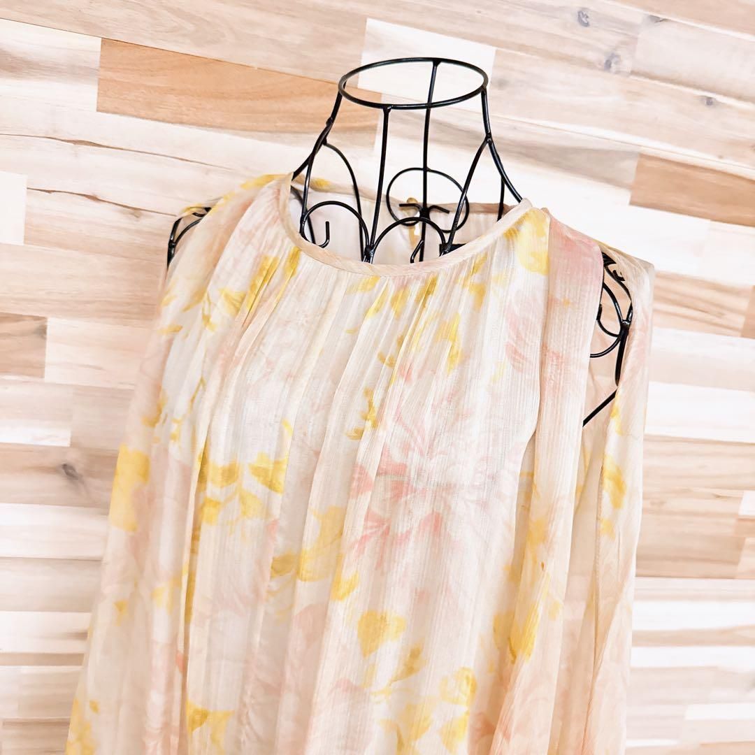 ザラ シアー パフスリーブ バルーン フラワー ブラウス M 黄×ピンク