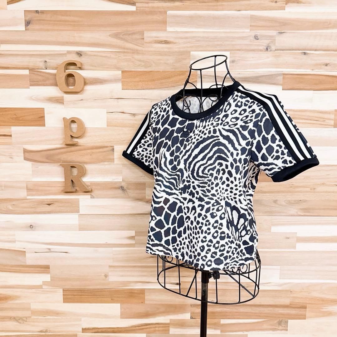 アディダス アニマル柄 レオパード クロップド 半袖Tシャツ 黒×アイボリー