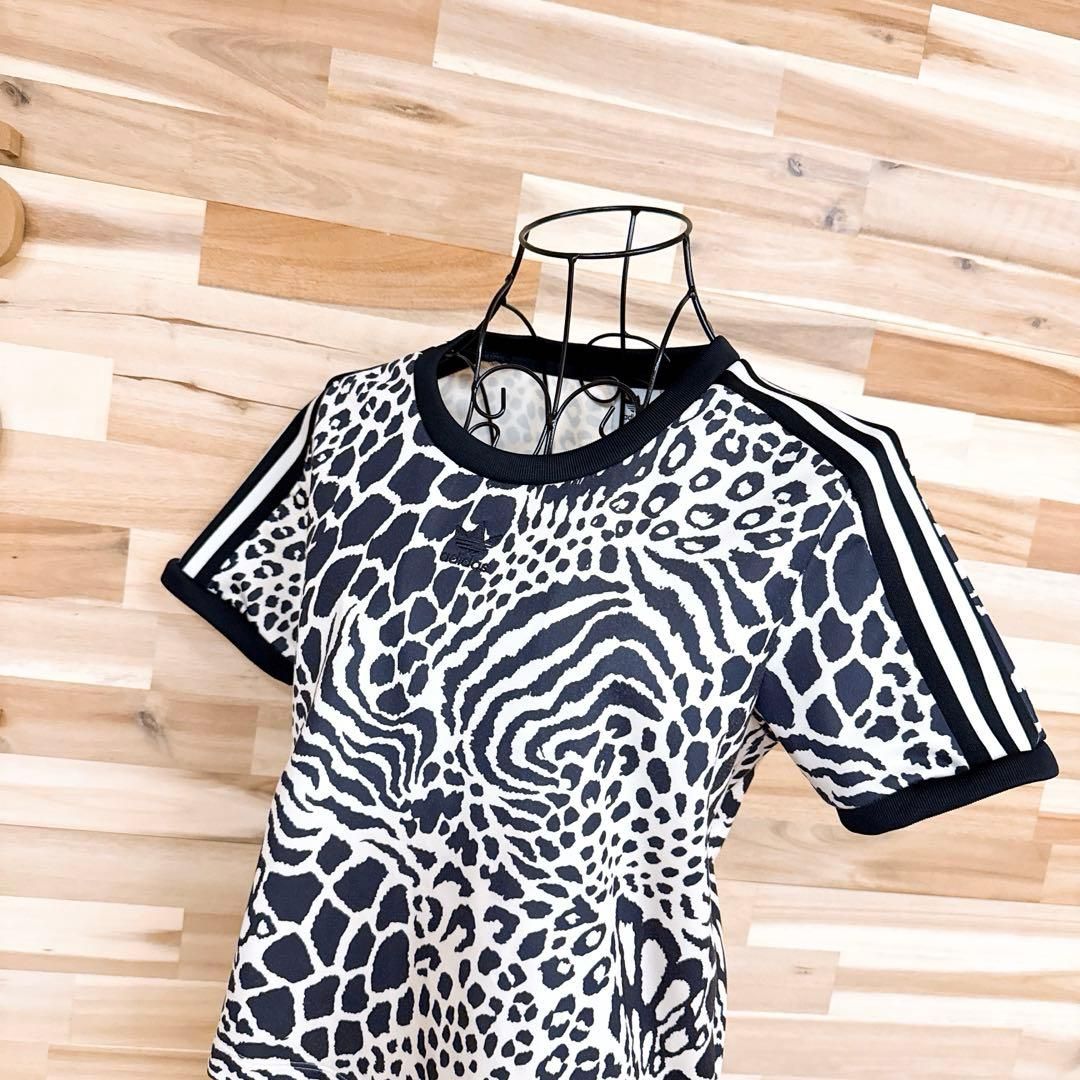 アディダス アニマル柄 レオパード クロップド 半袖Tシャツ 黒×アイボリー