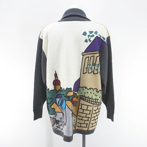 AVUE D OEIL 風景柄 長袖 カーディガン ニット ミディアム丈 45 灰系 グレー 裏地