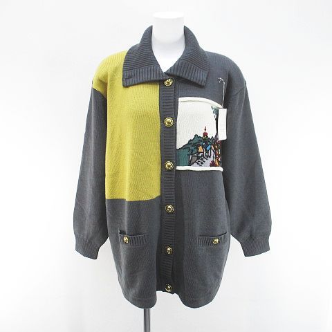 AVUE D OEIL 風景柄 長袖 カーディガン ニット ミディアム丈 45 灰系 グレー 裏地