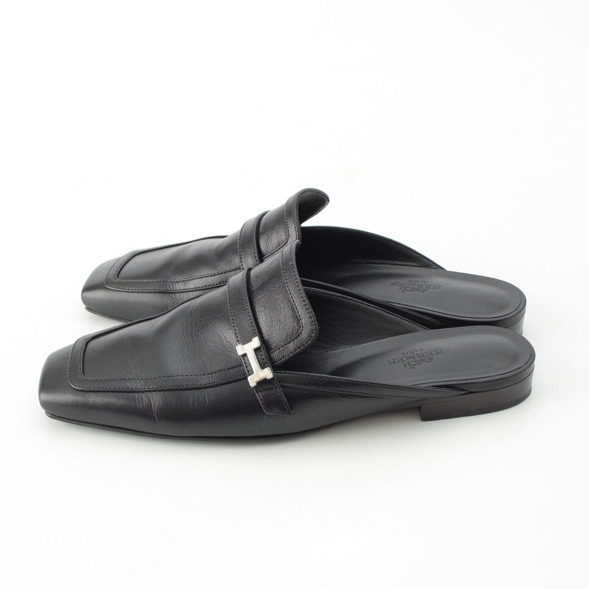 エルメス レザー グルーピー Hモチーフ ミュール シューズ ブラック 37