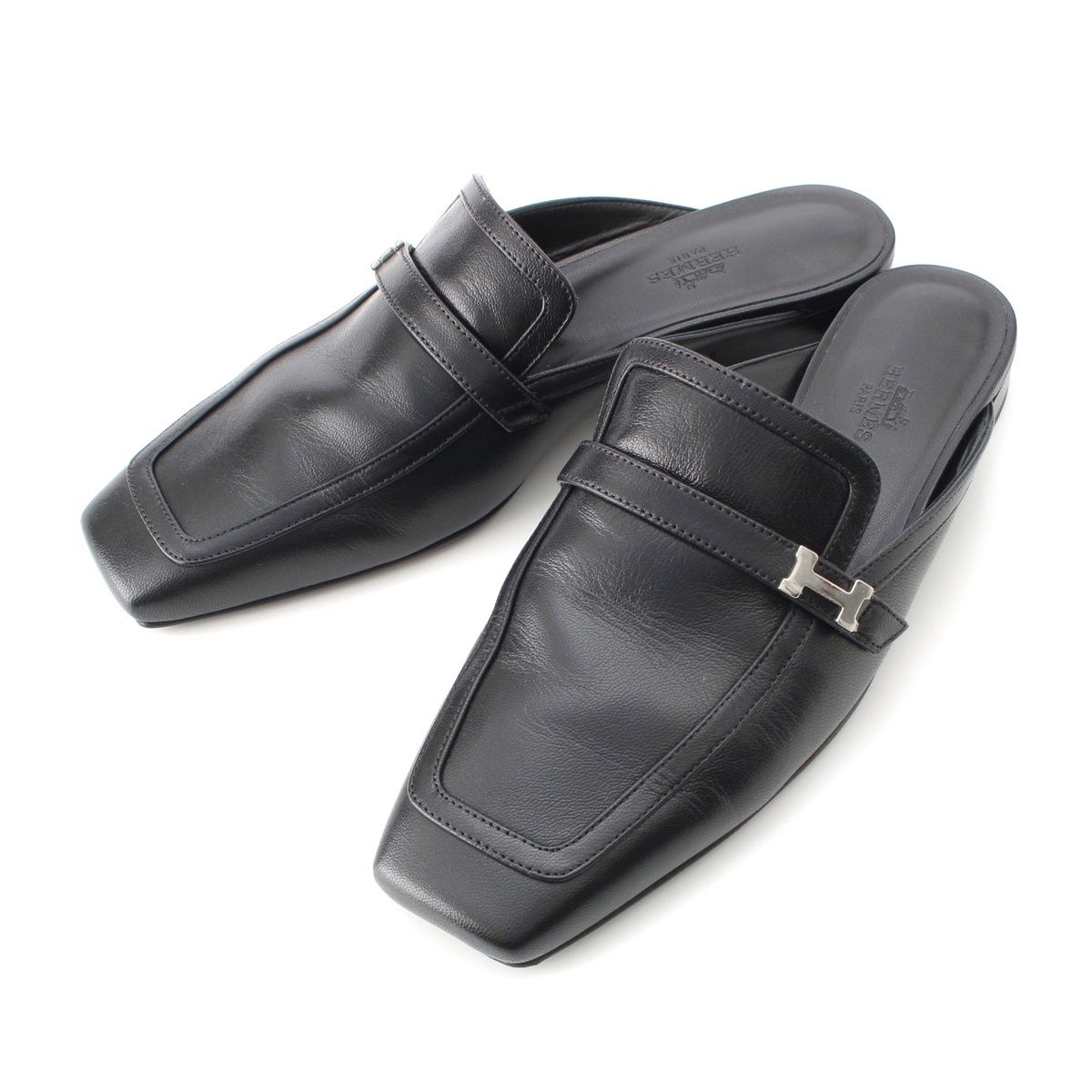 エルメス レザー グルーピー Hモチーフ ミュール シューズ ブラック 37