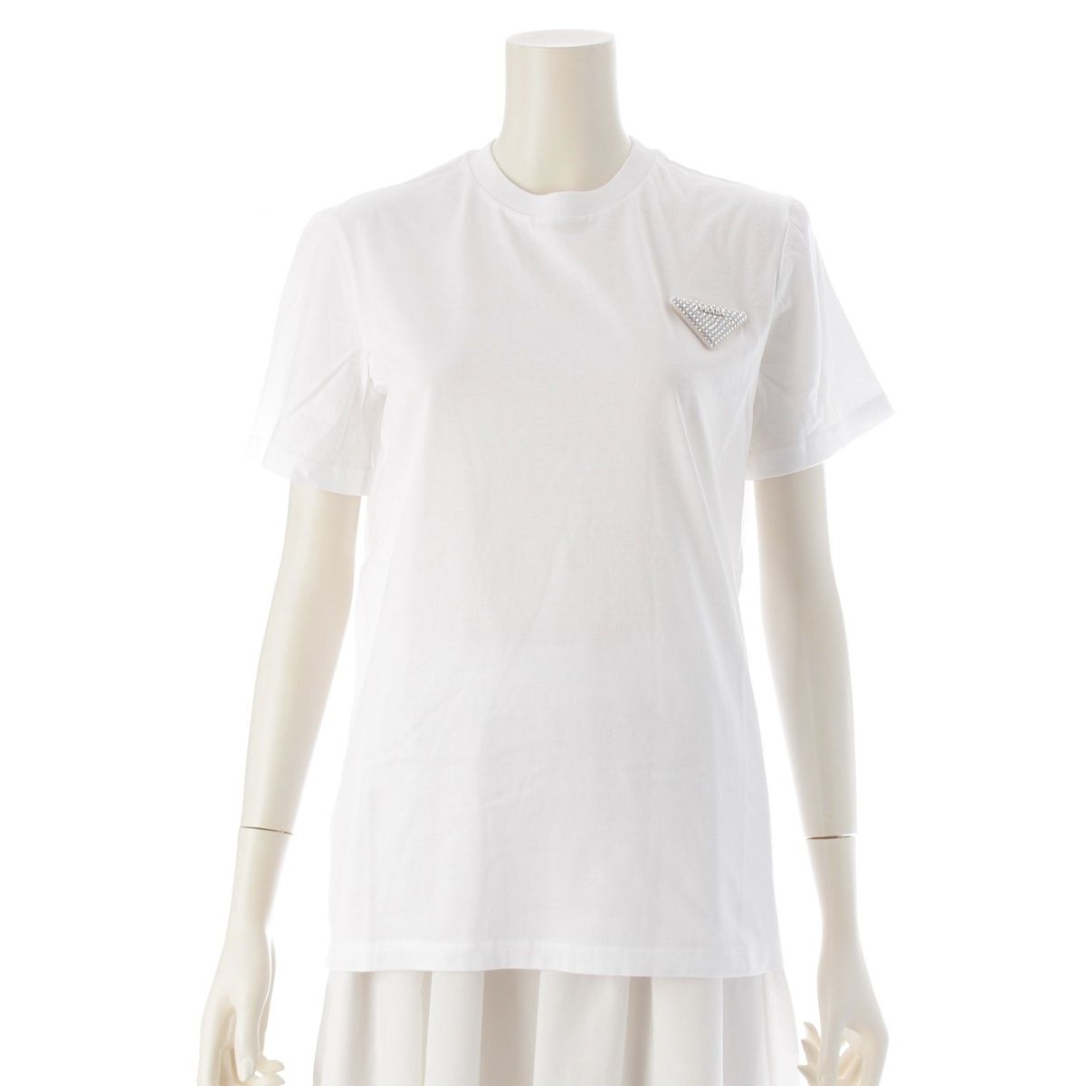 プラダ 23年 コットン トライアングルロゴ ラインストーン 半袖Tシャツ トップス 35838R ホワイト XS
