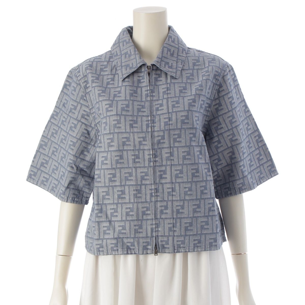 フェンディ 24年 デニム ズッカ柄 ジップアップ 半袖シャツ ジャケット トップス FLF790 ブルー 38