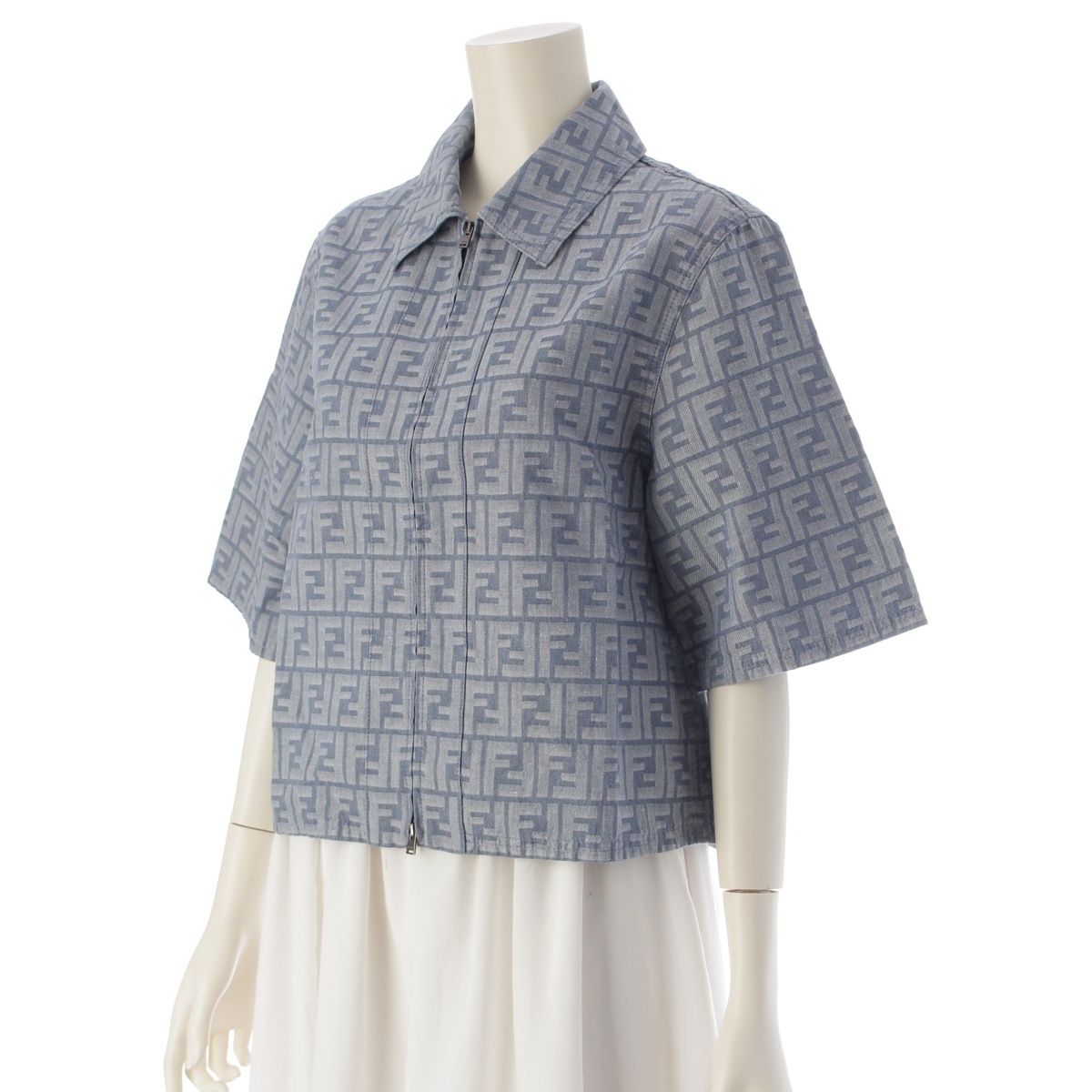 フェンディ 24年 デニム ズッカ柄 ジップアップ 半袖シャツ ジャケット トップス FLF790 ブルー 38