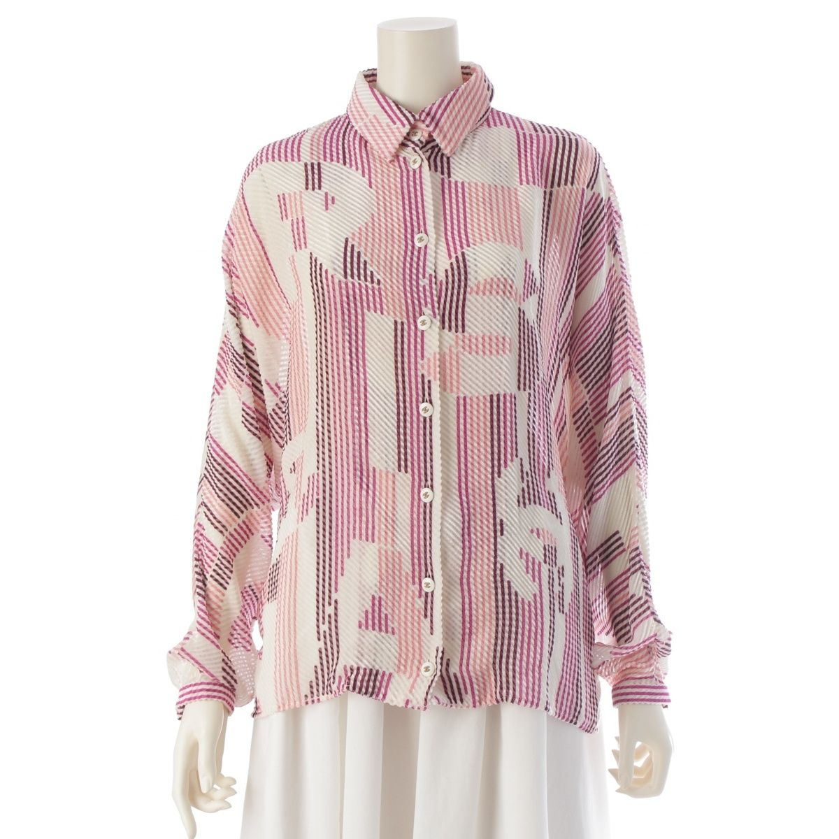 シャネル 24AW シルク ビスコース ココマーク ブラウス シャツ トップス P75476 ピンク ホワイト マルチ 38