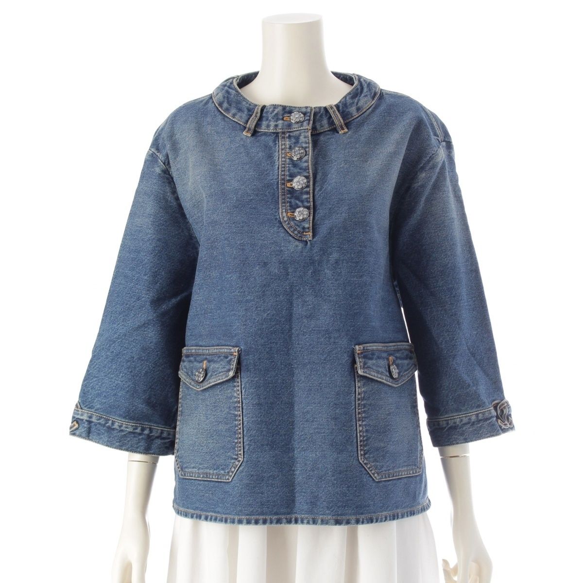 シャネル 2025 コットン ココマーク ストーン デニム ブラウス ジャケット P76797 ブルー 36
