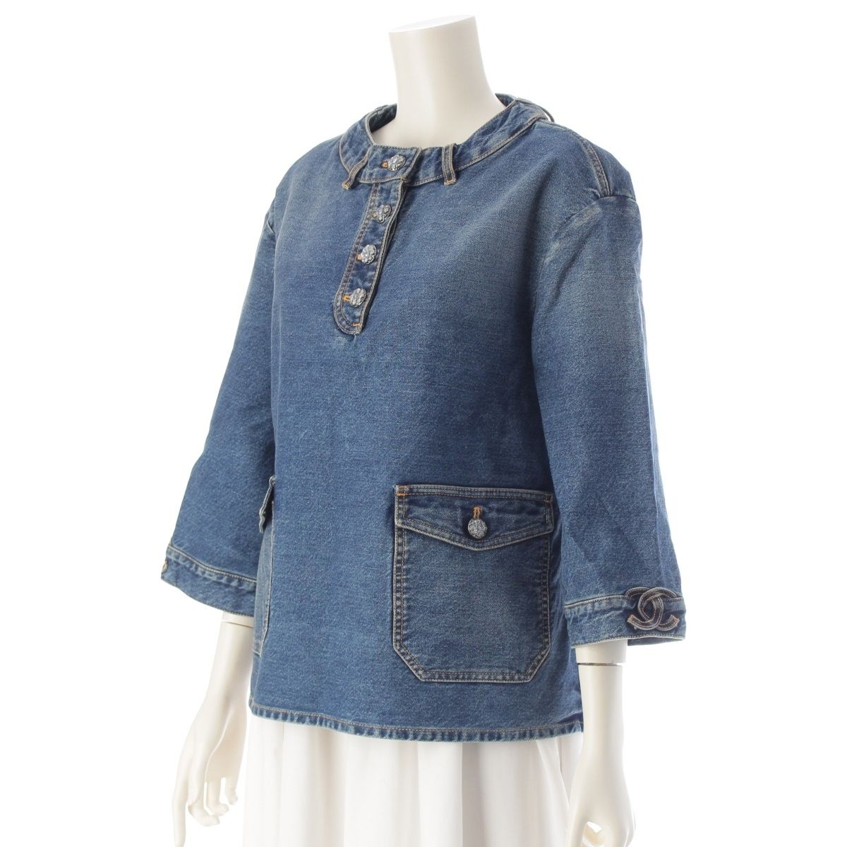 シャネル 2025 コットン ココマーク ストーン デニム ブラウス ジャケット P76797 ブルー 36