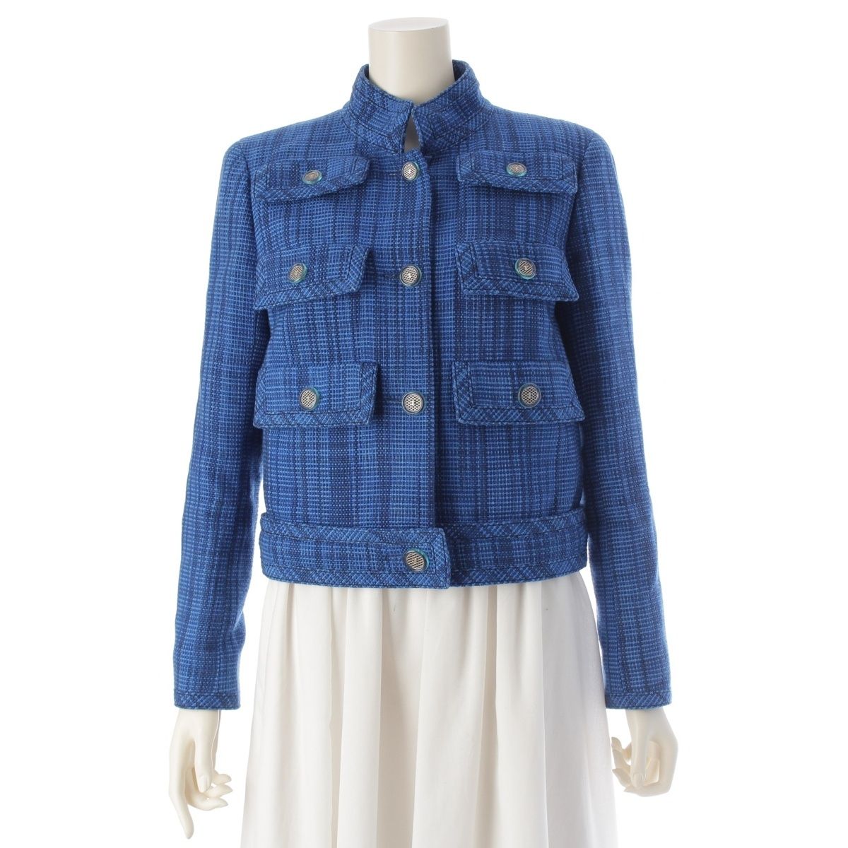 シャネル 20C リゾート ウール シルク チェック 6ポケット ツイード テーラードジャケット P62605 ブルー 36