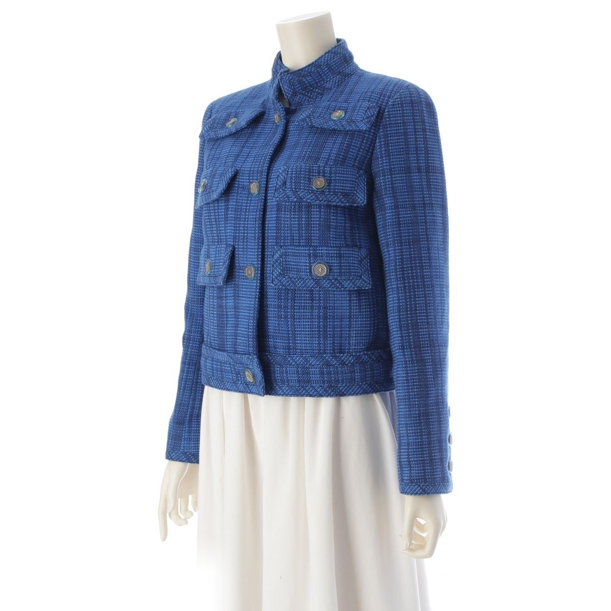 シャネル 20C リゾート ウール シルク チェック 6ポケット ツイード テーラードジャケット P62605 ブルー 36