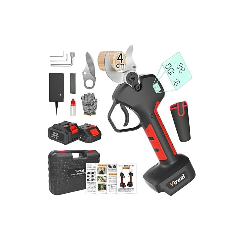 電動剪定バサミ 山本造園会社監修 剪定バサミ 18V切断径40mmのコードレス充電式剪定バサミ 2段階開き角度調節可 マキタ18V互換 4500mAh大容量バッテリー付き PSE認証取得済み 切断回数と残量表示ディスプレー ブラシレスモーター搭載切れ味良 0