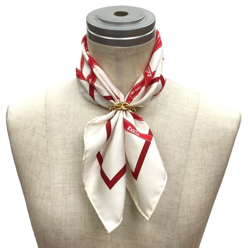 HERMES エルメス スカーフ カレ45 B uc au Carre リボン柄 ボルデュック アイボリー×レッド aq 12247