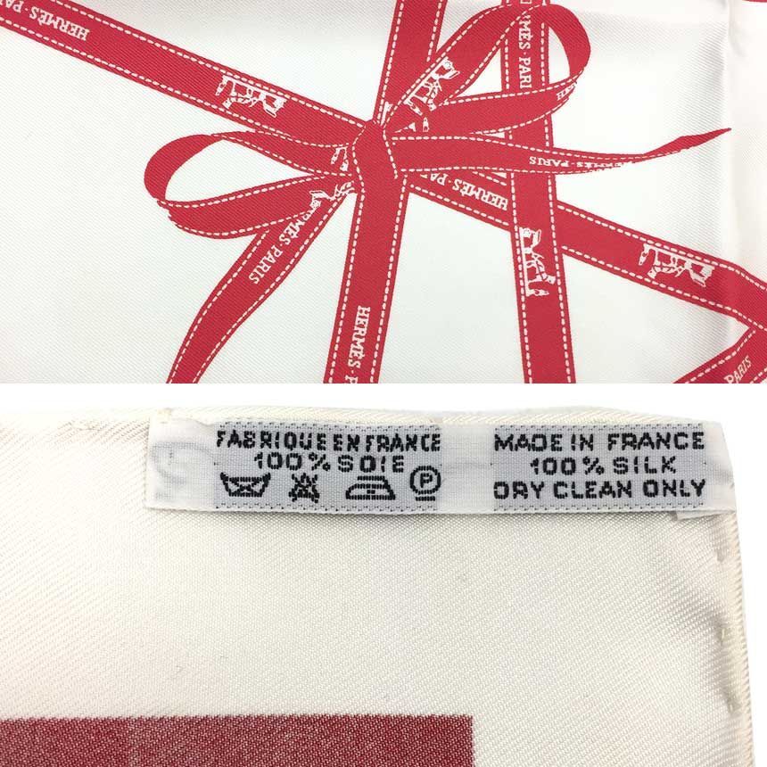  HERMES エルメス スカーフ カレ45 B uc au Carre リボン柄 ボルデュック アイボリー×レッド aq 12247 バンダナ スカーフ 小物