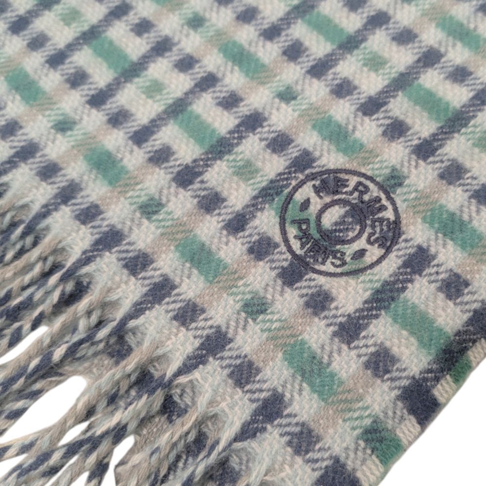 HERMES エルメス マフラー Hエコセ フリンジ カシミヤ100％ チェック柄 グリーン ブルー レディース メンズ お洒落 人気 緑 青 【ブランドギャラリー東心斎橋店】 HERMES エルメス マフラー Hエコセ フリンジ カシミヤ100％ チェック柄