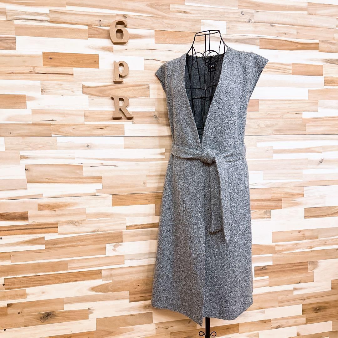 ザラ ノー ウエストマーク ロング ベスト コート Vネック S グレー