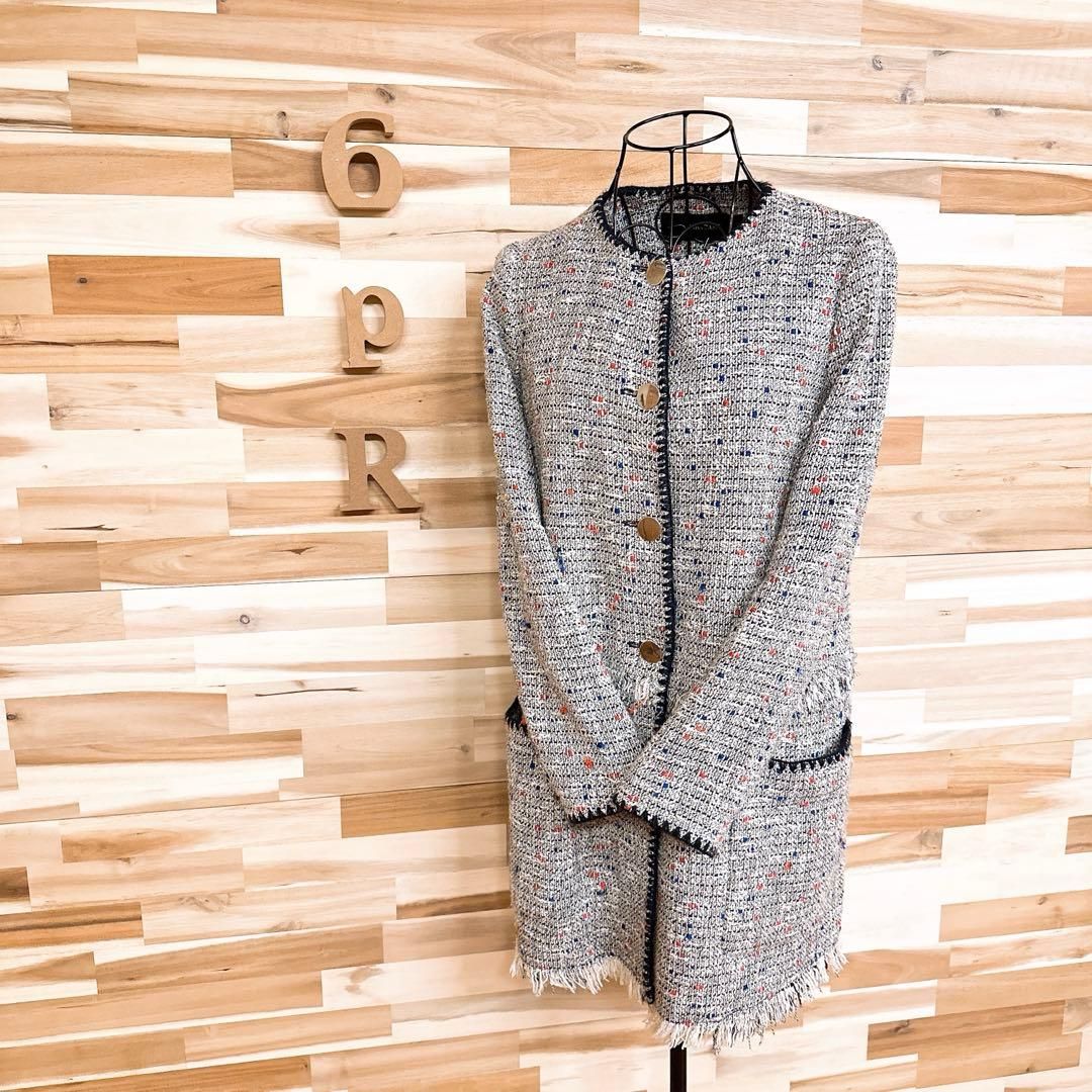 ザラ ツイード ラメ メタル糸 ロング ノー ジャケット XS 白×黒