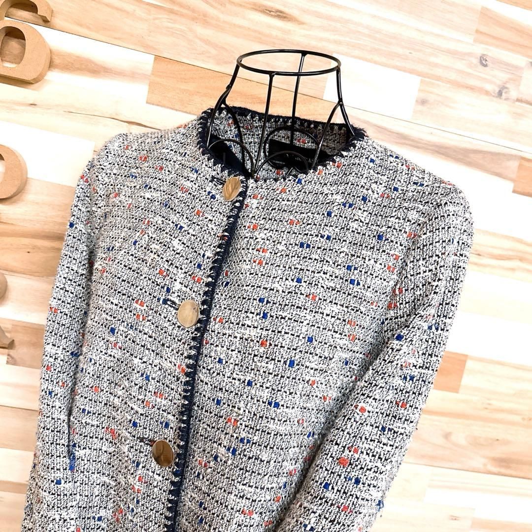 ザラ ツイード ラメ メタル糸 ロング ノー ジャケット XS 白×黒