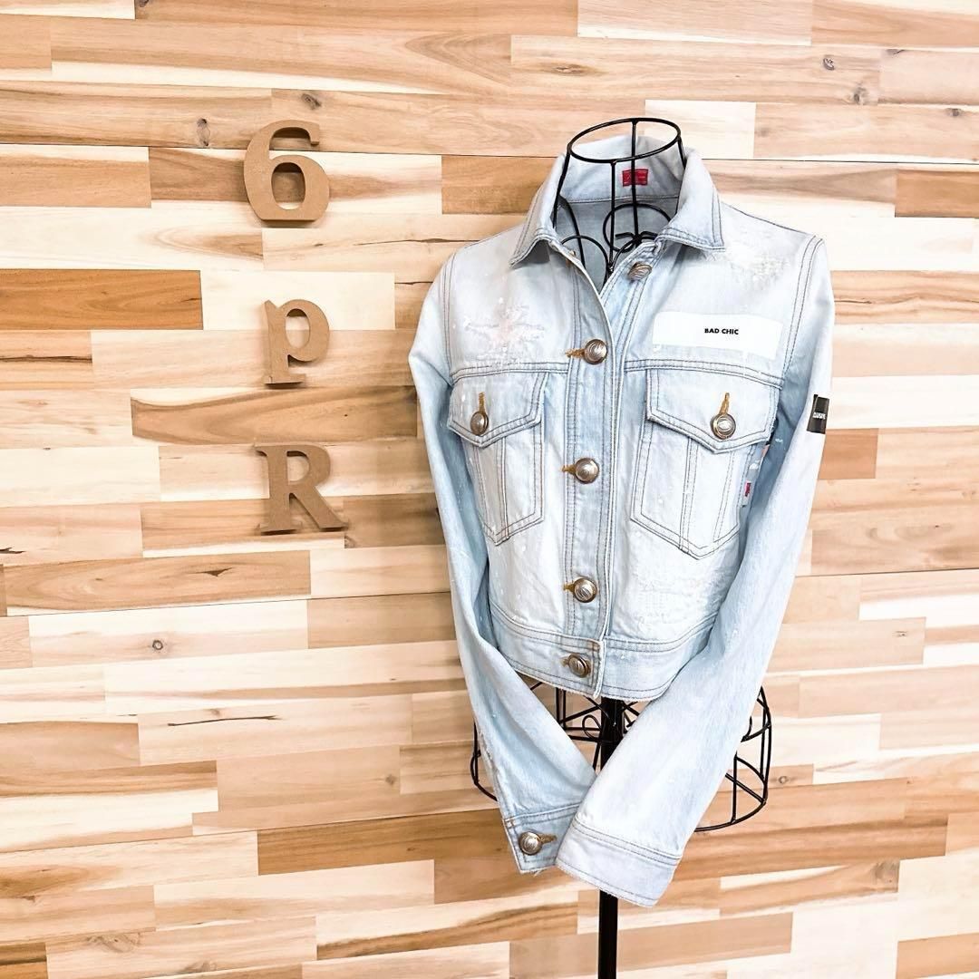 ダブル クロージング ショート デニム ジャケット 長袖 青×白