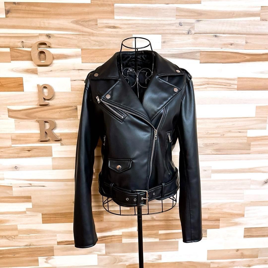 ザラ】フェイク レザー ダブル ライダース ジャケット バイカー L 黒