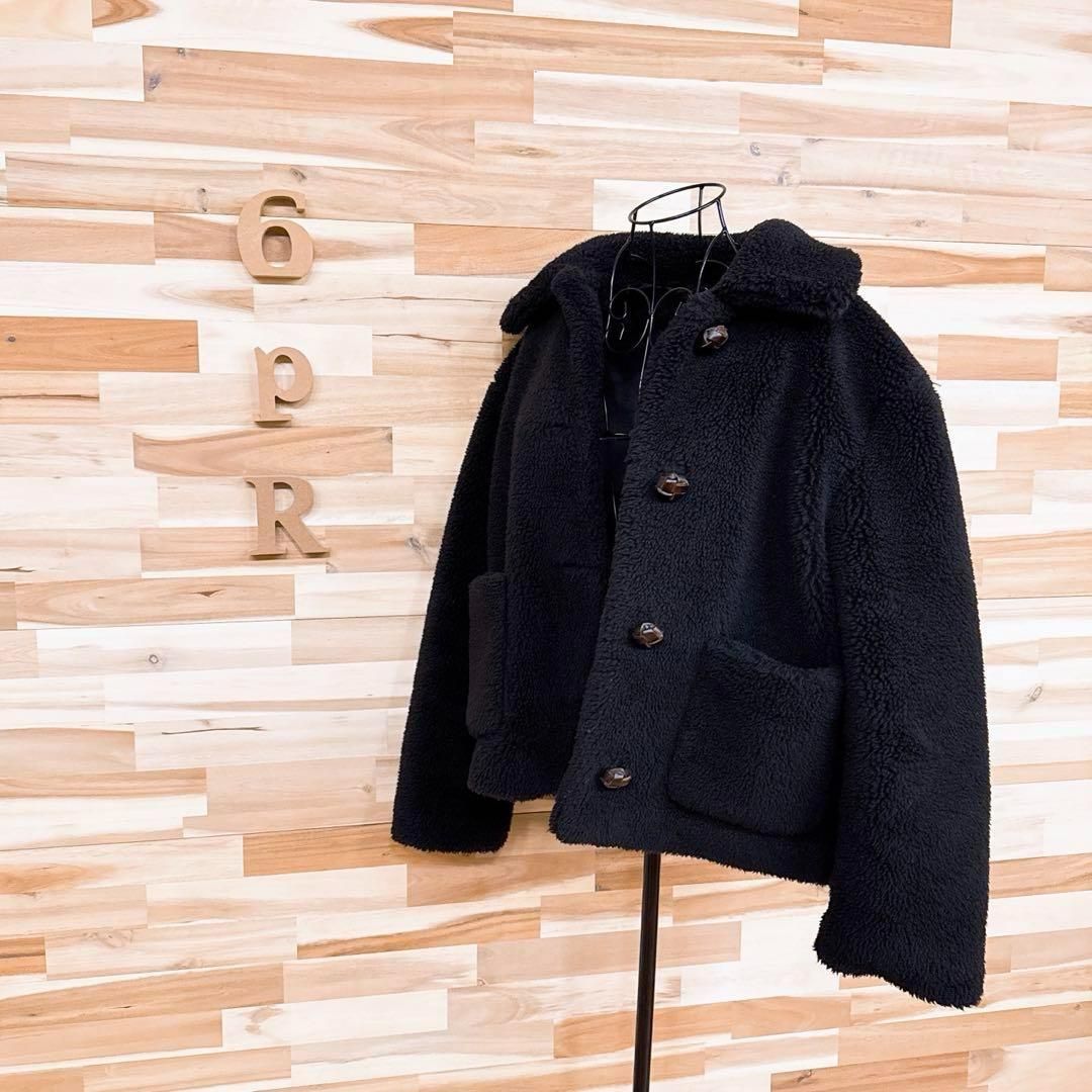 ザラ オーバーサイズ ボリューム ボア ジャケット くるみボタン S 黒×茶