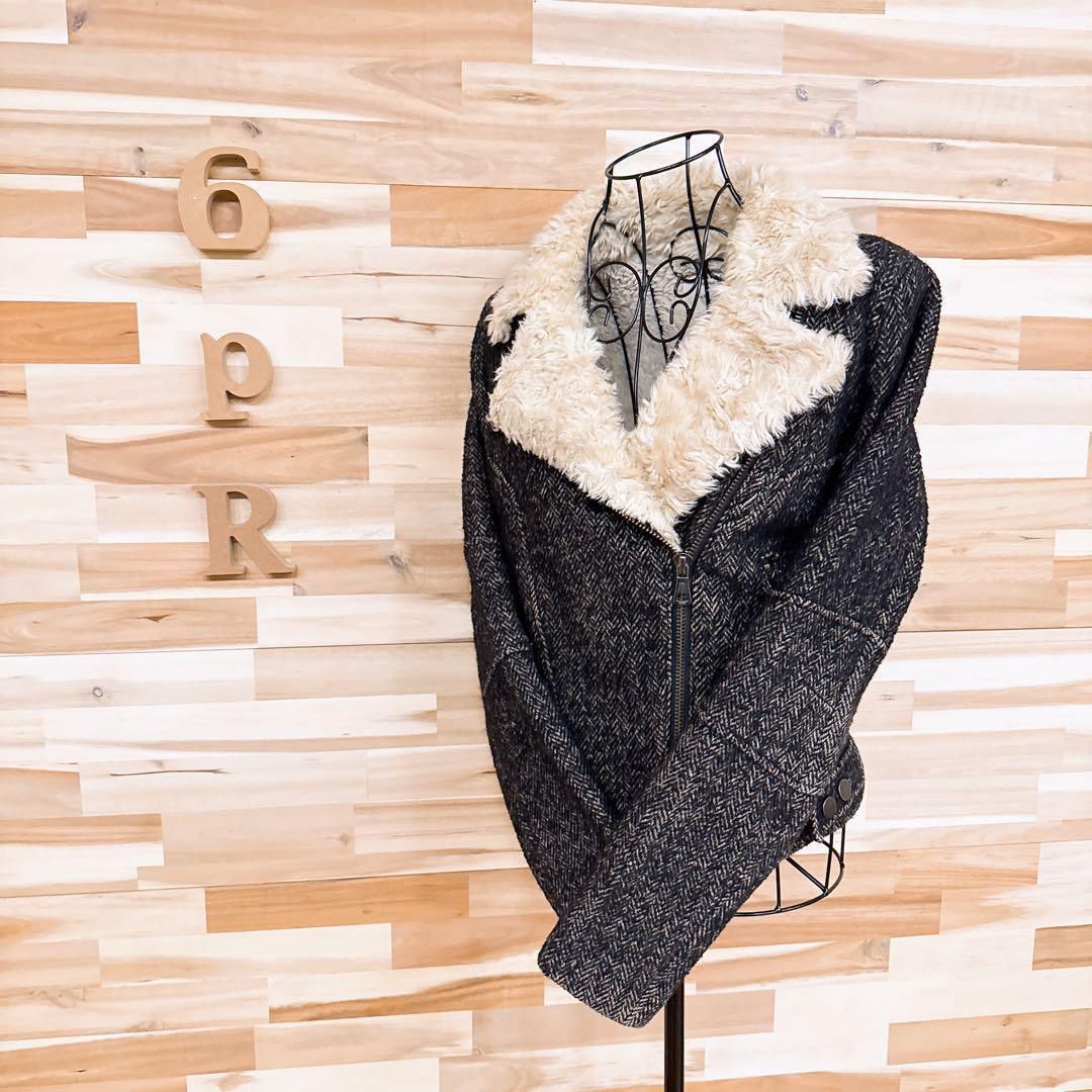 ザラ ファー襟 ヘリンボーン ライダース ジャケット 裏地ボア バイク XS黒