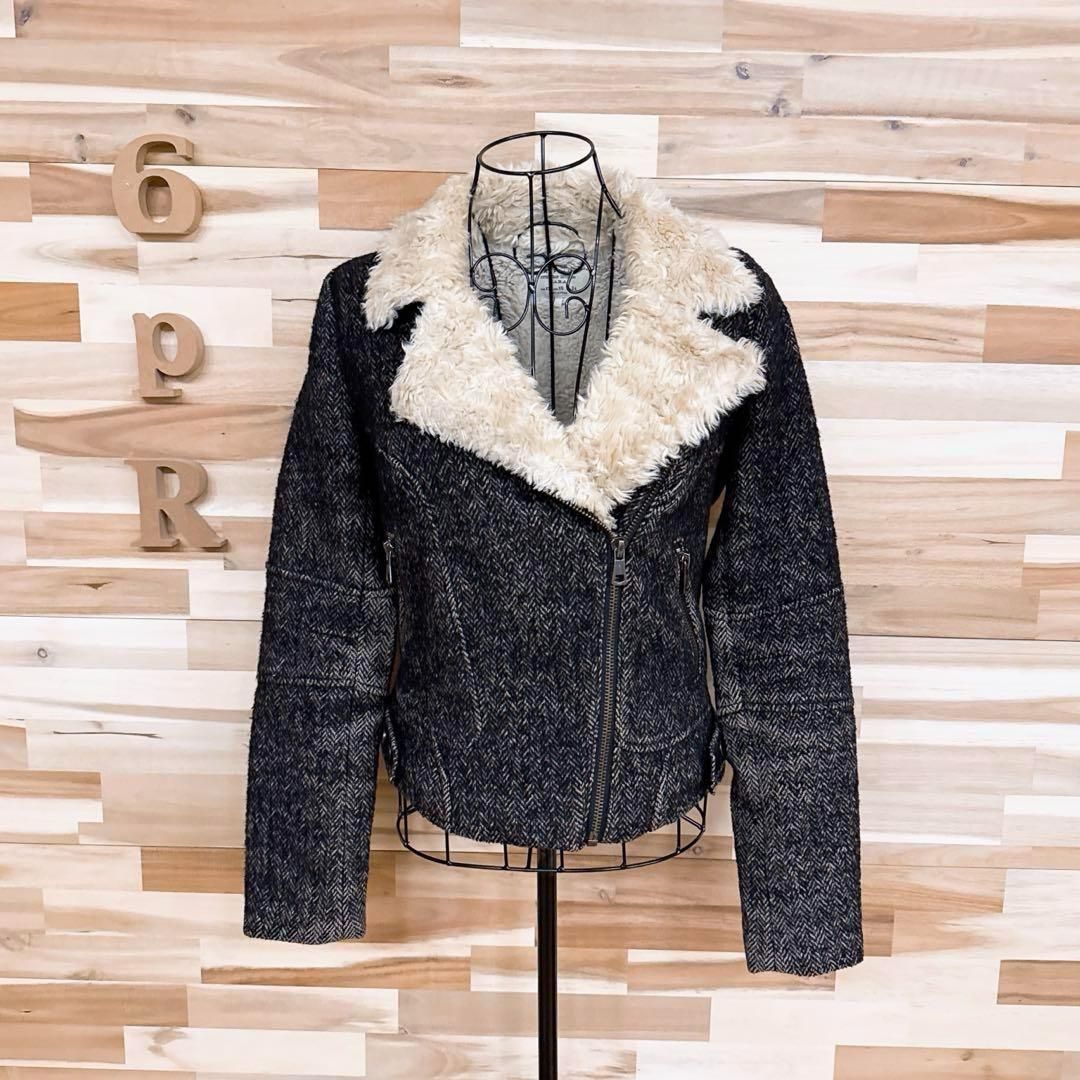 ZARA - 【ザラ】裏地ボア ファー ヘリンボーン ライダース ジャケット バイク XS 黒 ザラ】ファー襟 ヘリンボーン ライダース ジャケット 裏地ボア バイク