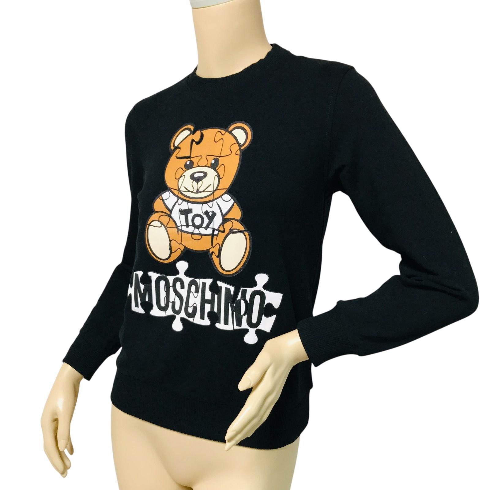 MOSCHIMO モスキーノ レディース テディベア パズルデザイン クルーネック スウェット トレーナー 12 152㎝ XS相当 トップス ブランド カジュアル オシャレ 秋冬物 ブラック