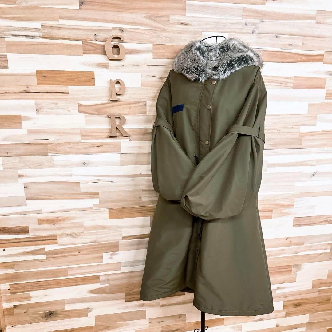 ファーファー オーバーサイズ ロング ミリタリーコート ファー フード カーキ