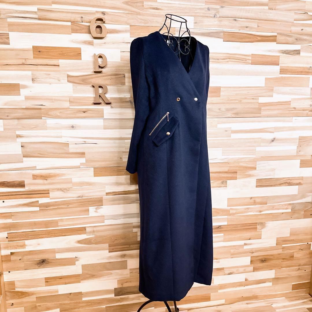 レディアゼル】ノーカラー Vネック ロング チェスター コート M 紺
