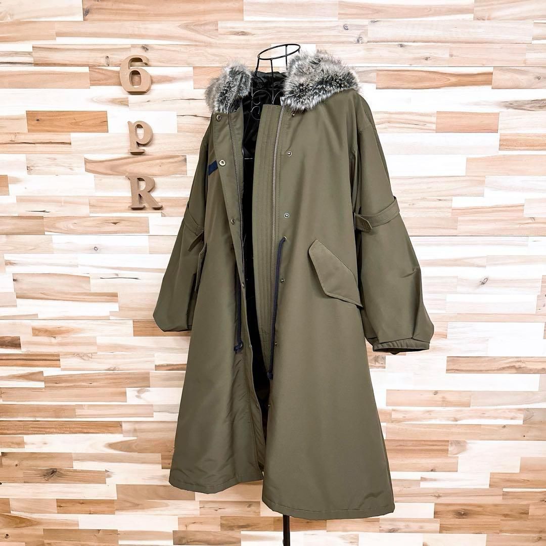 ファーファー オーバーサイズ ロング ミリタリーコート ファー フード カーキ
