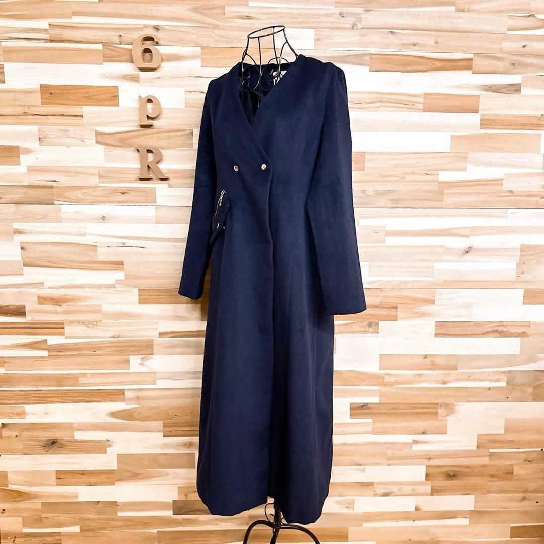 レディアゼル】ノーカラー Vネック ロング チェスター コート M 紺