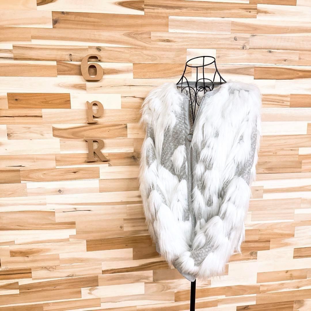 ザラ フェイク ファー ジップ スウェット ジャケット S 白×グレー