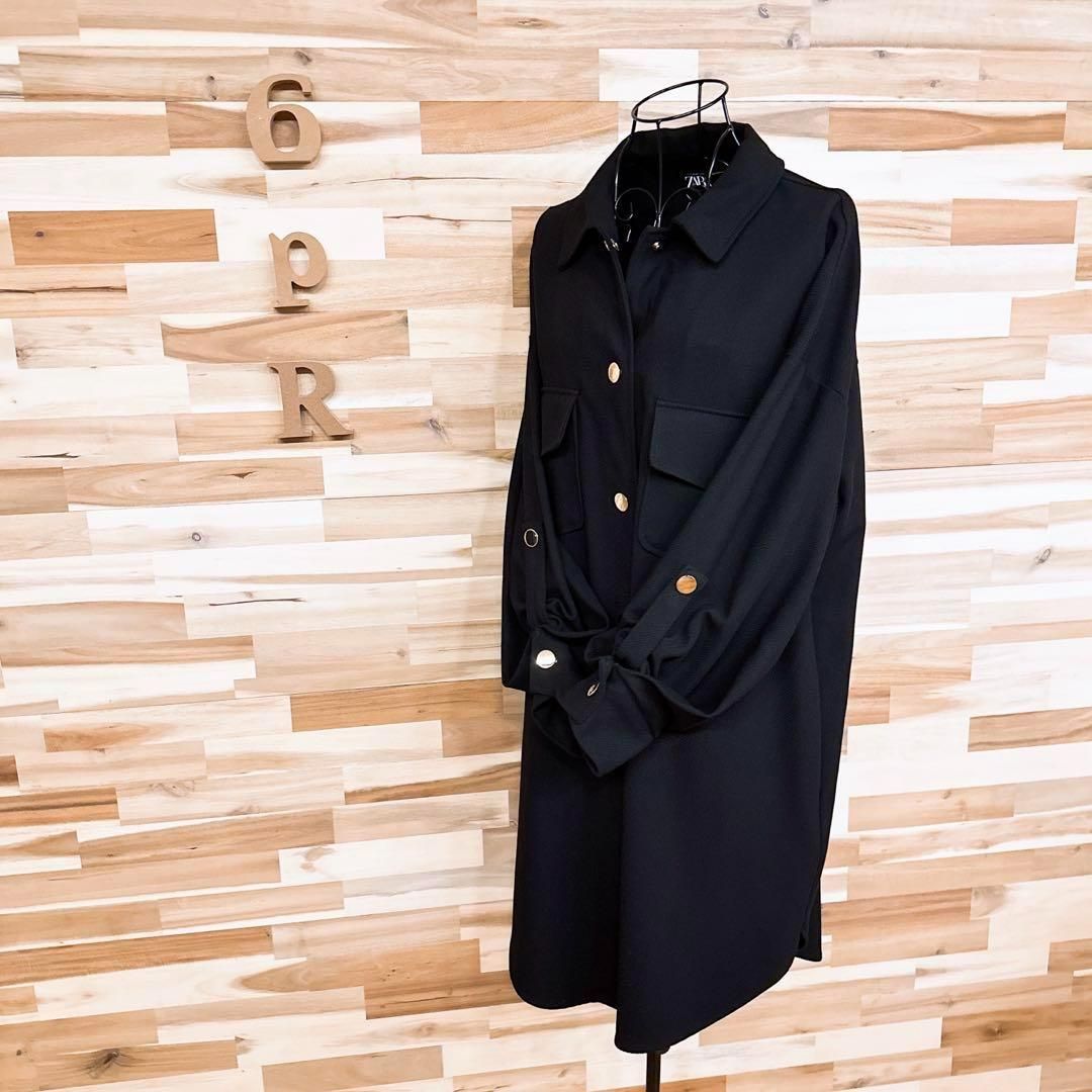 ザラ オーバーサイズ ツイル CPO ロング シャツ ジャケット L黒×金