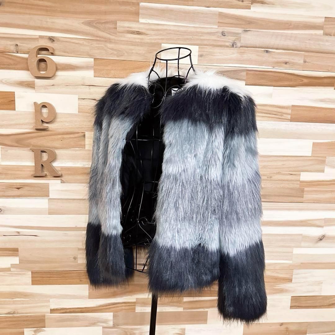 ザラ ボリューム グラデーション フェイク ファー ジャケット XSグレー×紺