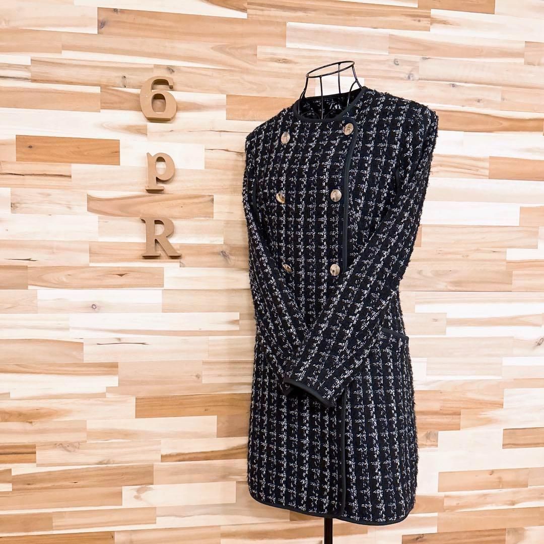 ザラ ウール ブレンド ツイード ダブルブレスト ノー コート S黒×白