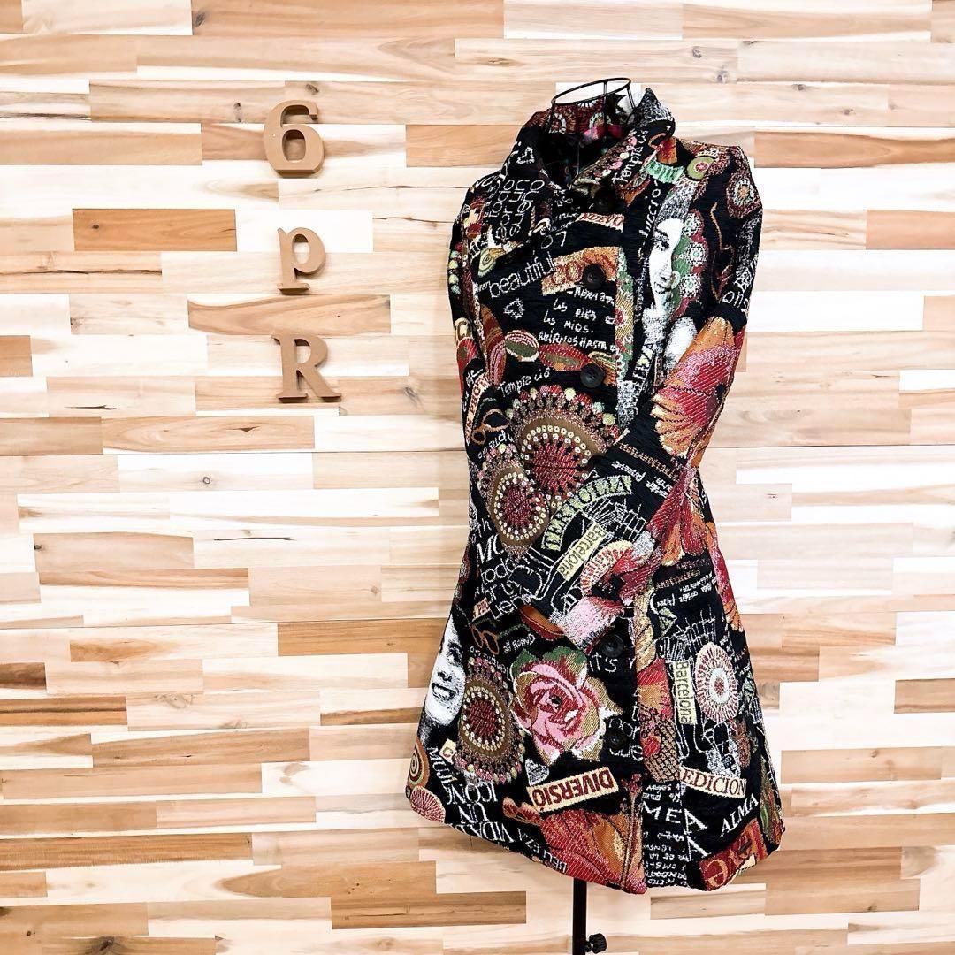 デシグアル ジャガード アート フラワー コート 総柄 S相当 黒×カラフル