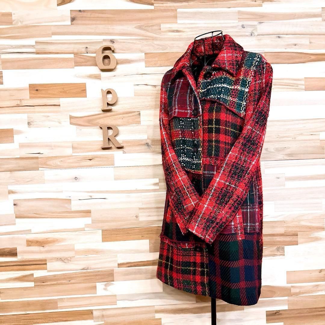 デシグアル ジャガード パッチワーク ドッキング チェック コート 赤×緑