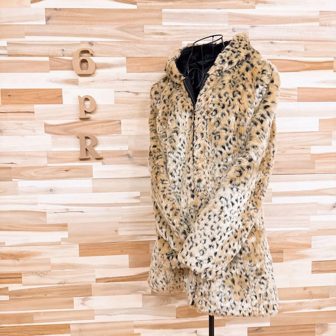 ザラ アニマル柄 フェイク ファー ジップ コート フード Mベージュ×黒