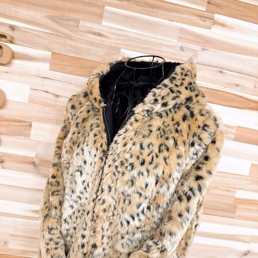 ザラ アニマル柄 フェイク ファー ジップ コート フード Mベージュ×黒