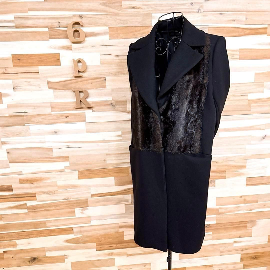 希少【ザラ】フェイク ファー 切り替え ロング チェスター コート M 黒×茶 