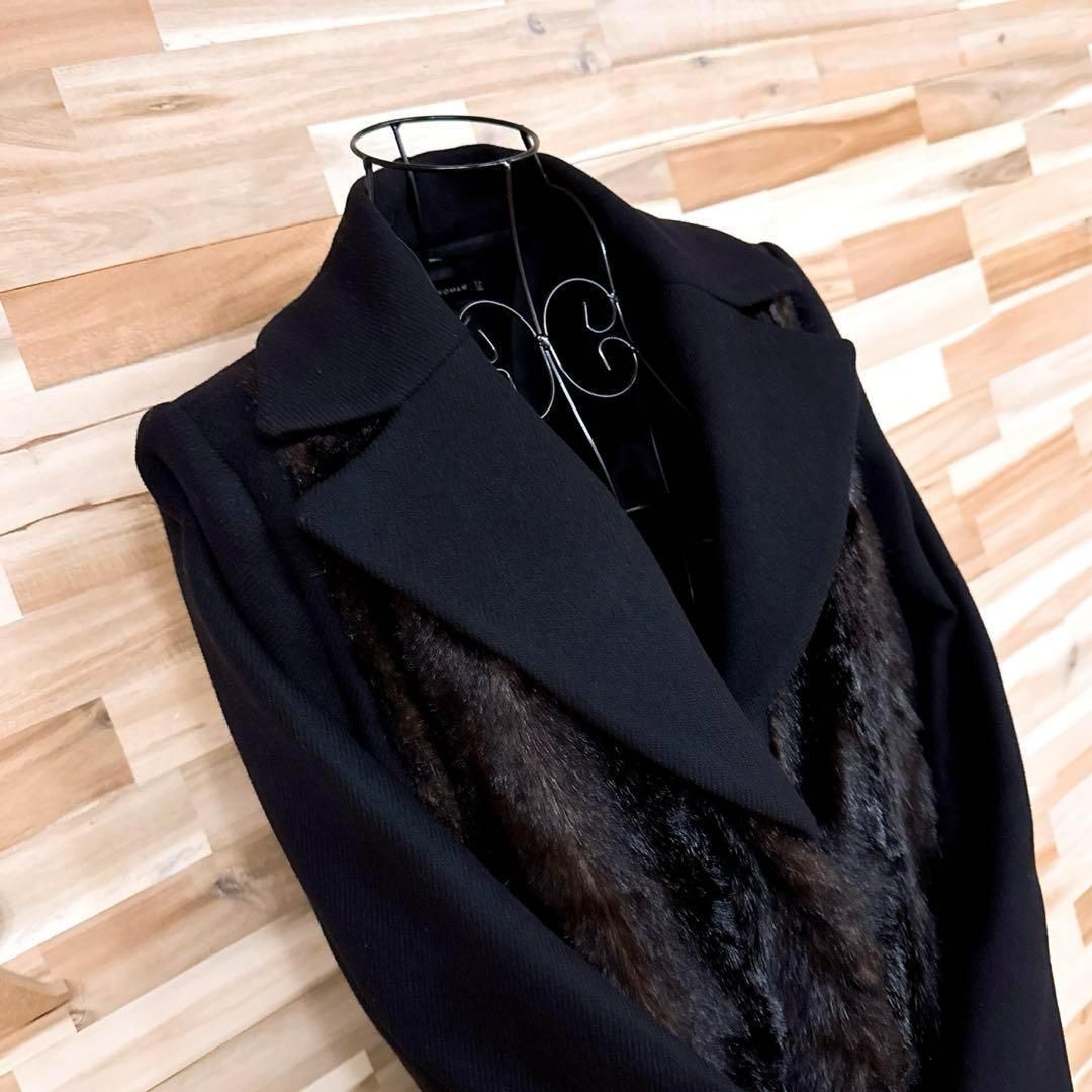 希少【ザラ】フェイク ファー 切り替え ロング チェスター コート M 黒×茶 