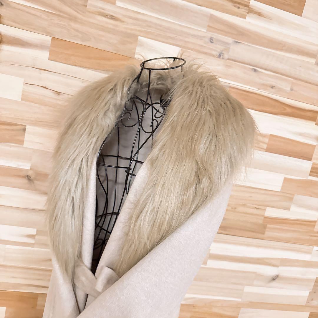 ザラ】ウール ブレンド ロング コート フェイク ファー襟 XS ベージュ