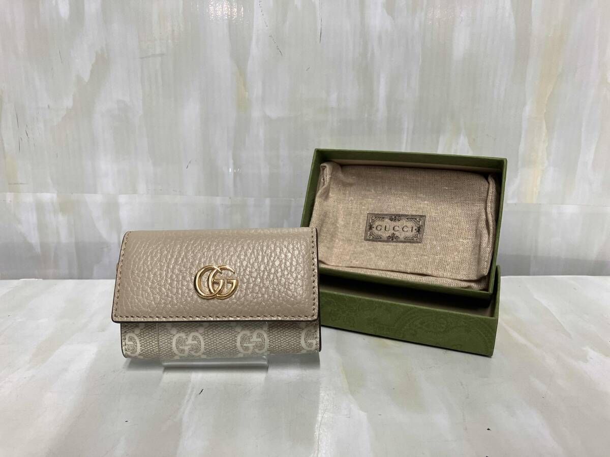 GUCCI GGマーモント グッチ レザー6連キーケース ミルクティー ベージュ 箱 保存袋付き