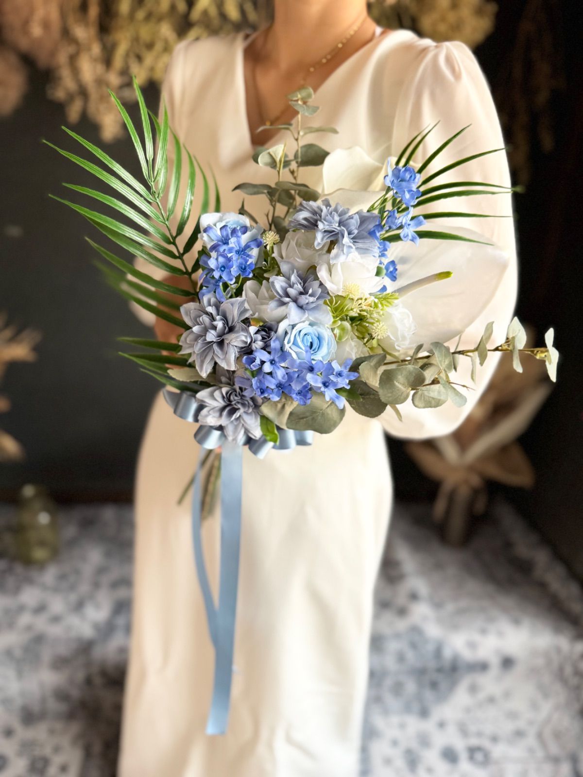 白×ブルークラッチブーケ☆ブートニア ふんわり可愛い白×ブルークラッチブーケ☆ブートニア