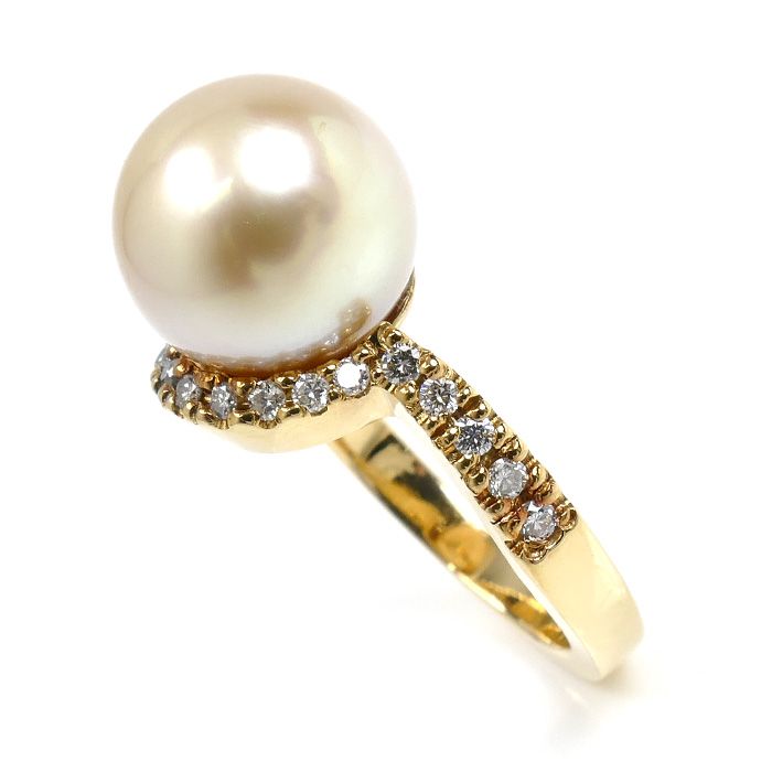 K 18 YG イエローゴールド パール リング 指輪 南洋パール約11.3 mm ダイヤモンド0.25 ct 14号 8.3 g レディース