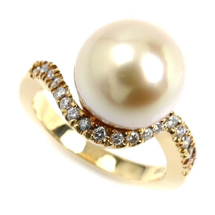 K18YG イエローゴールド パール リング 指輪 南洋パール約11.3mm ダイヤモンド0.25ct 14号 8.3g レディース