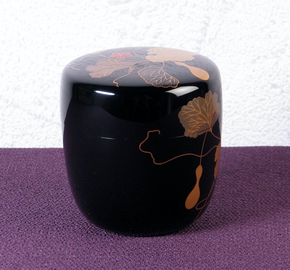 山中塗 中村宗尹作 六瓢蒔絵 中棗 高さ：7cm 極美品 共箱・紙箱・栞付