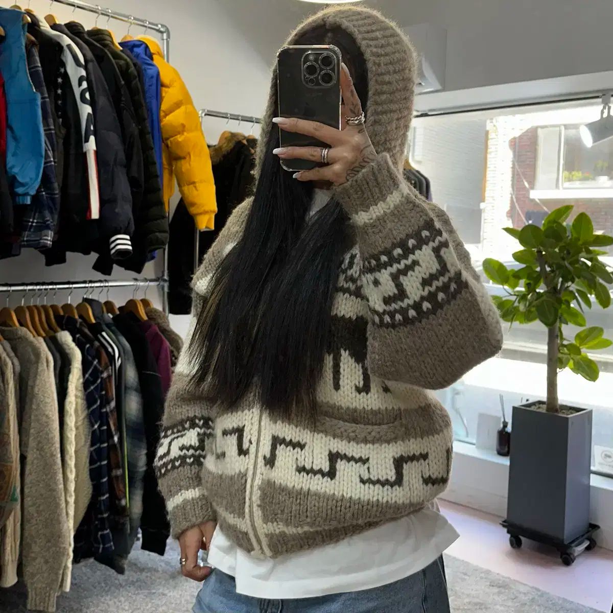 ヴィンテージ カウチン WHO フーディ カーディガン L